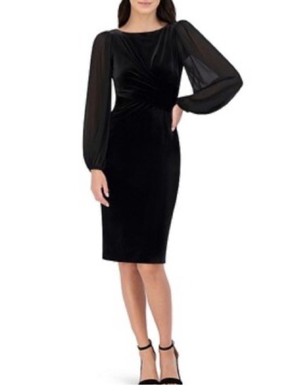 Vince Camuto Black Velvet Midi Dress with Sheer Bishop Sleeves